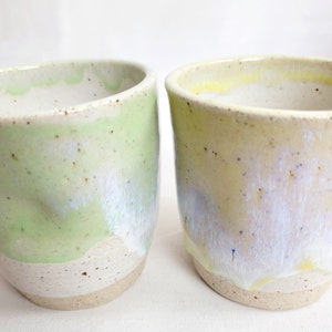 Handmade pair of stoneware lemon and lime dimpled 9oz/250ml tumblers, speckled clay, image 6