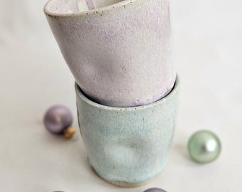 Pair of handmade ceramic 9oz - 250ml tumblers, speckled clay, pale aqua and lilac glazes