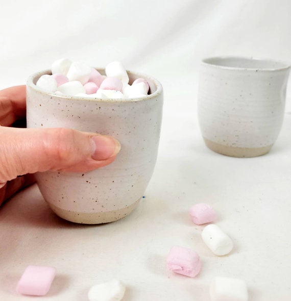 Pair of handmade ceramic 9oz - 250ml tumblers, speckled clay, cream glaze, modern rustic