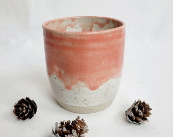 Handmade salmon pink stoneware  tumbler, coffee cup, 9oz cup, oatmeal and orange glaze with drips