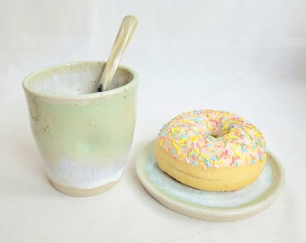 Handmade ceramic pale green 9oz - 250ml tumbler and mini plate, speckled clay, cream glaze