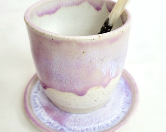 Handmade pale pink 9oz - 250ml tumbler and mini plate, speckled clay, cream glaze