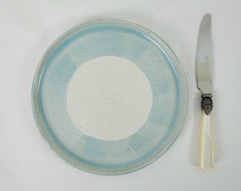Handmade stoneware side plate in oatmeal and aqua, wheelthrown, flecked clay