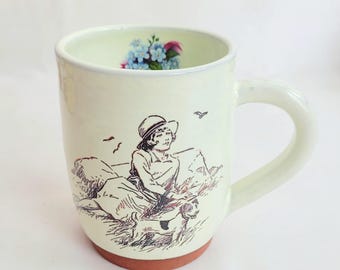 Handmade mug with vintage illustration, seaside mug, solitude, girl and dog