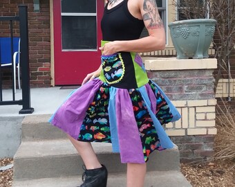 New Ooak tropical fish print skirt with pockets size M panels patch work black green purple festival alt Clothing kitschy