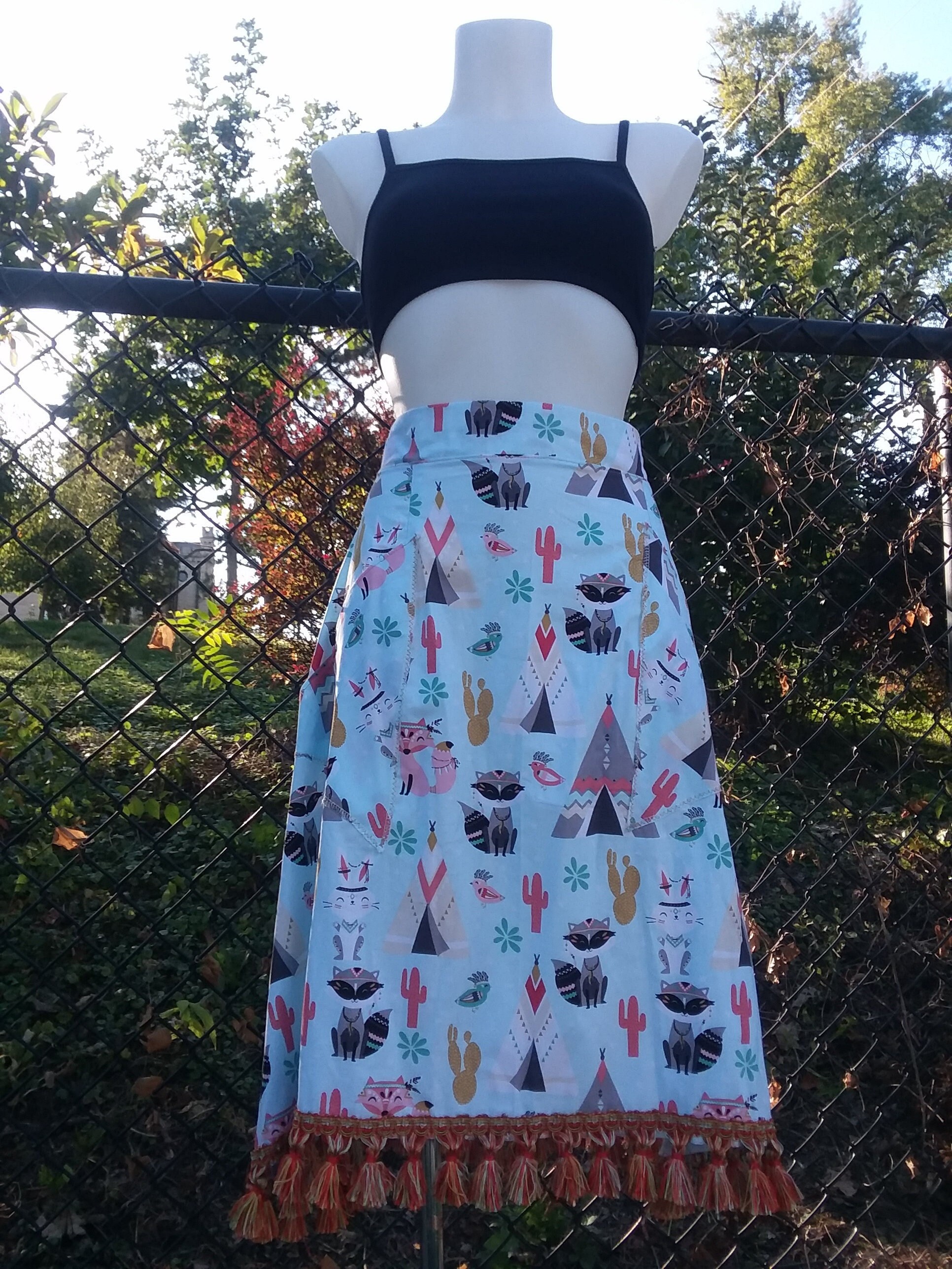 New Ooak high waisted skirt with pockets Size L raccoon, rabbit, bird , cactus print fringe trim boho cottagecore