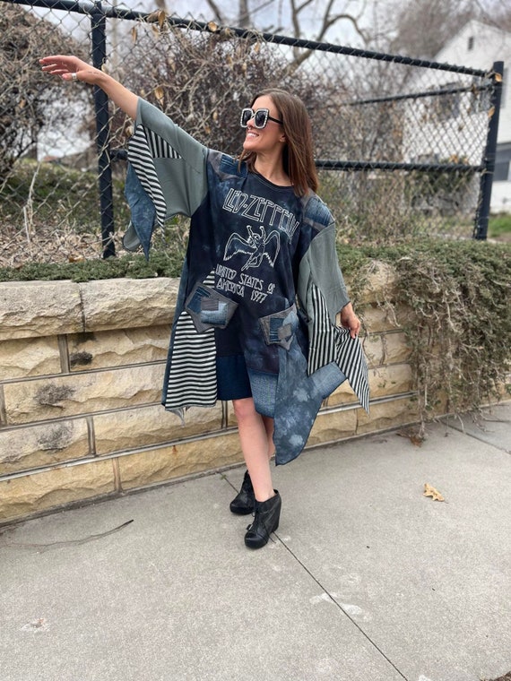 New Ooak Led Zeppelin Upcycled Tee Shirt Dress With Pockets Free Size Patchwork Denim Stripes Asymmetrical Retro Boho Rocker Festival Blue Etsy Canada