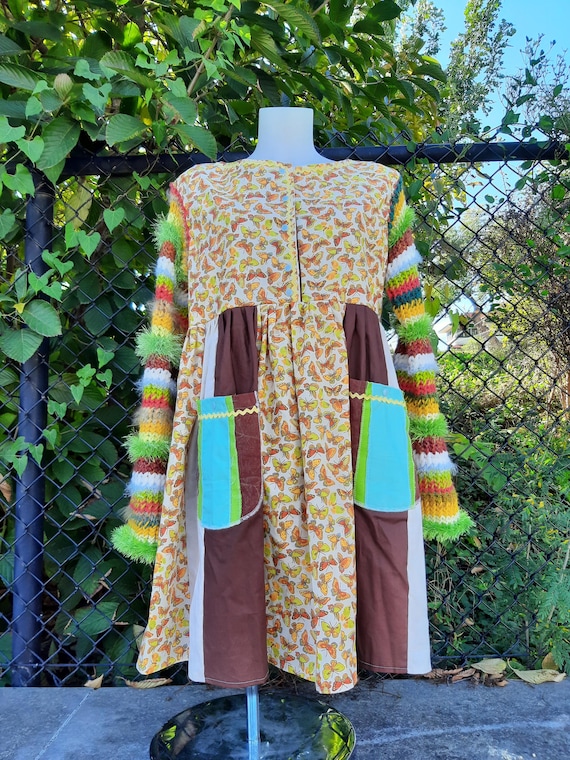 Butterfly Print Babydoll Dress, Hand Knit Sleeves, Patch Pockets, L-XL Butterfly Print Babydoll Dress, Hand Knit Sleeves, Patch Pockets, L-XL