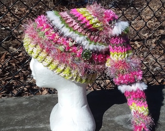 New Ooak hand knitted pointy hat beanie one size fits all pink green cacti buttons rhinestone button fuzzy cottagecore kawaii