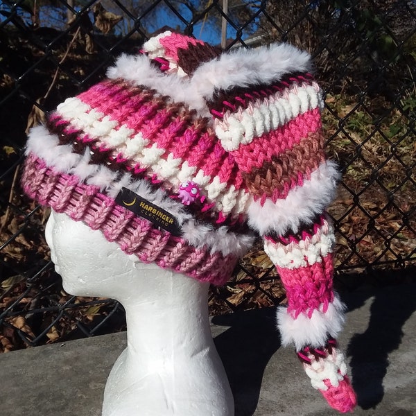 New Ooak hand knitted pointy hat beanie one size fits all pink brown cream puffer fish button fuzzy plush elf cottagecore boho hippy