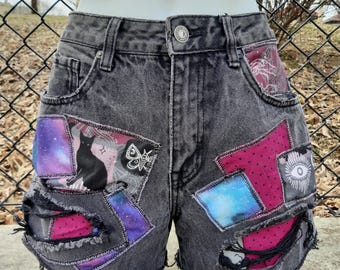 Upcycled Patchwork Denim Shorts: Witchy Cat Cosmic Goth Punk Emo Style