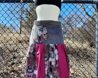 New Ooak Gothic witchy skirt size:L-XL skulls, cats crystals moths front pocket corduroy purple grey black festival