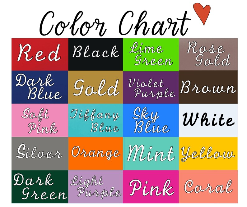 May include: Color chart with 16 different color swatches. The colors are: red, black, lime green, rose gold, dark blue, gold, violet purple, brown, soft pink, tiffany blue, sky blue, white, silver, orange, mint, yellow, dark green, light purple, pink, and coral.