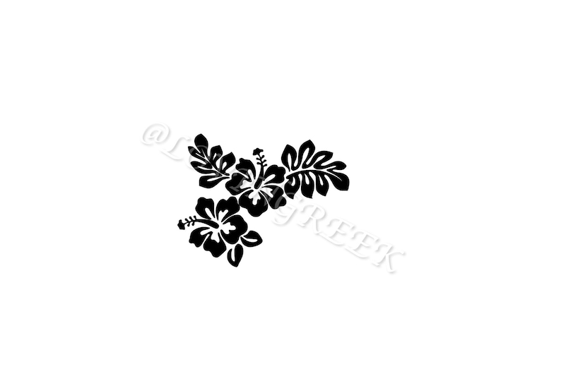 May include: Black and white silhouette of hibiscus flowers and leaves.