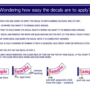 May include: Instructions on how to apply decals. The image shows a step-by-step guide with illustrations of how to apply a decal using tape, a popsicle stick, and rubbing to ensure the decal is adhered to the surface.