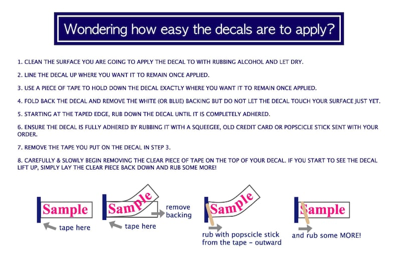 May include: Instructions on how to apply decals. The image shows a step-by-step guide with illustrations of how to apply a decal using tape, a popsicle stick, and rubbing to ensure the decal is adhered to the surface.
