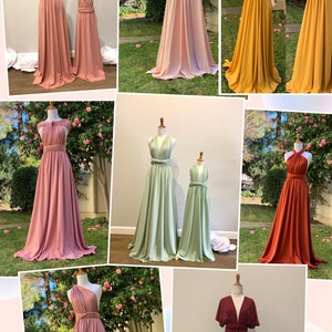 May include: A collage of images showcasing different colors of a convertible wrap dress. The dress is available in a variety of colors, including dusty rose, blush pink, mustard yellow, sage green, burnt orange, and burgundy. The dress is made of a soft, flowing fabric and can be styled in multiple ways.
