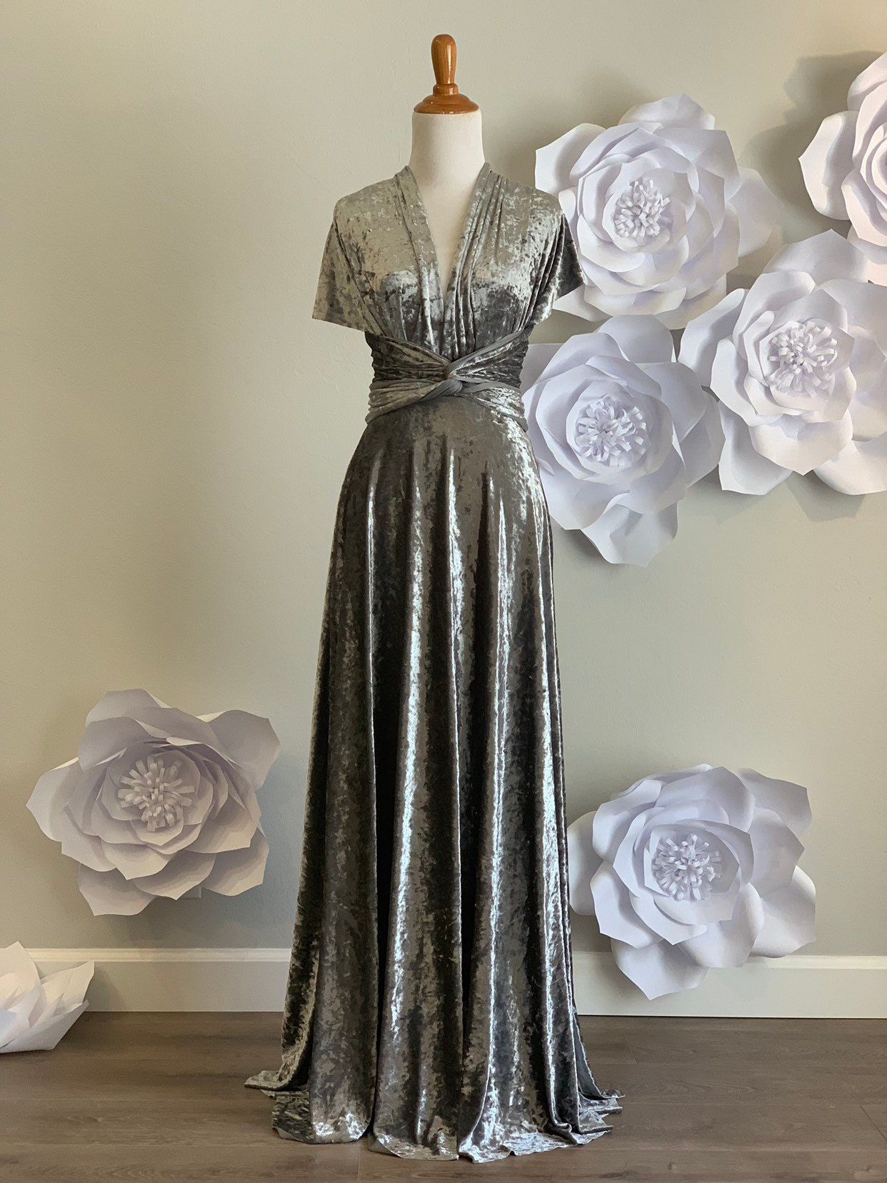 grey velvet wrap dress