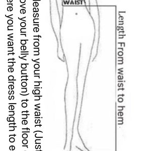 Op de afbeelding: Diagram dat laat zien hoe je de borst, taille en lengte van de taille tot de zoom van een jurk moet meten. Het diagram bevat instructies om te meten vanaf de hoge taille, net boven de navel, tot de vloer of waar je wilt dat de jurk eindigt. Het geeft ook aan om eventuele hakken mee te nemen.