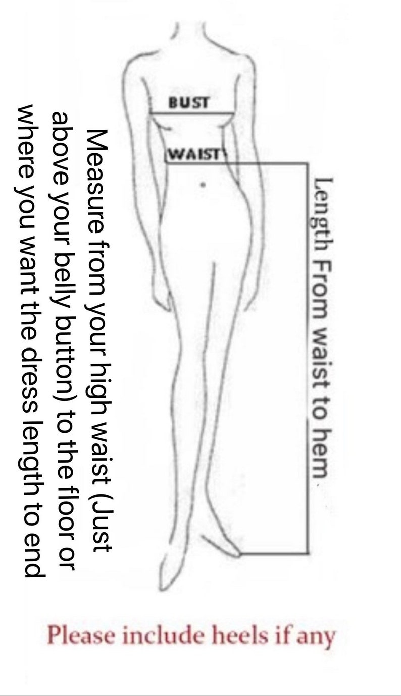 Op de afbeelding: Diagram dat laat zien hoe je de borst, taille en lengte van de taille tot de zoom van een jurk moet meten. Het diagram bevat instructies om te meten vanaf de hoge taille, net boven de navel, tot de vloer of waar je wilt dat de jurk eindigt. Het geeft ook aan om eventuele hakken mee te nemen.