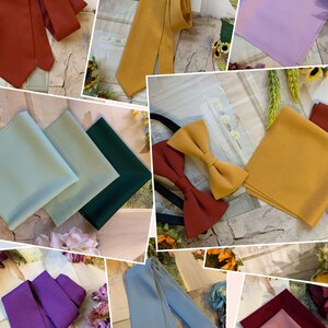 Op de afbeelding: Een collage van verschillende gekleurde stropdassen en zakdoekjes. De stropdassen zijn in verschillende kleuren, waaronder paars, blauw, rood en geel. De zakdoekjes zijn in kleuren zoals groen, roze en lichtblauw.