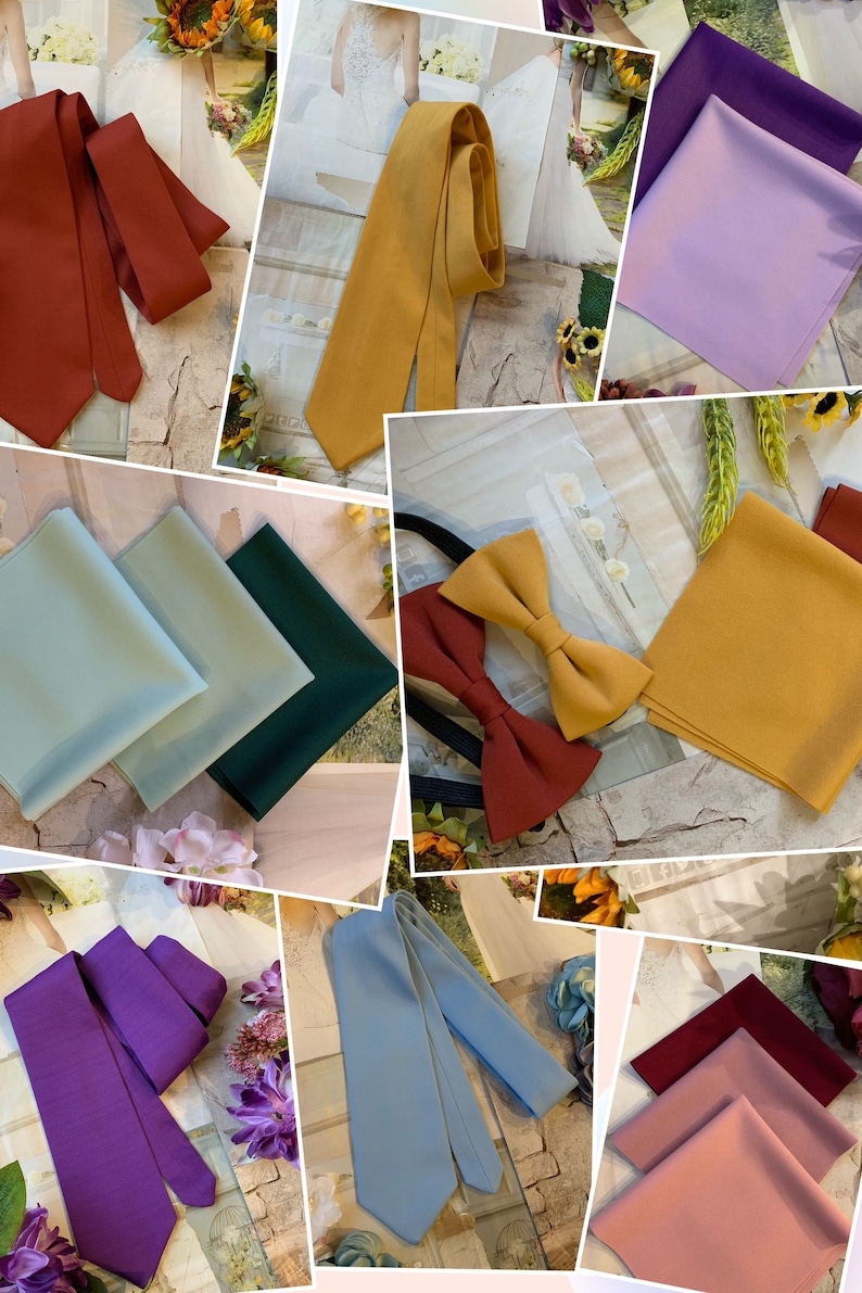 Op de afbeelding: Een collage van verschillende gekleurde stropdassen en zakdoekjes. De stropdassen zijn in verschillende kleuren, waaronder paars, blauw, rood en geel. De zakdoekjes zijn in kleuren zoals groen, roze en lichtblauw.