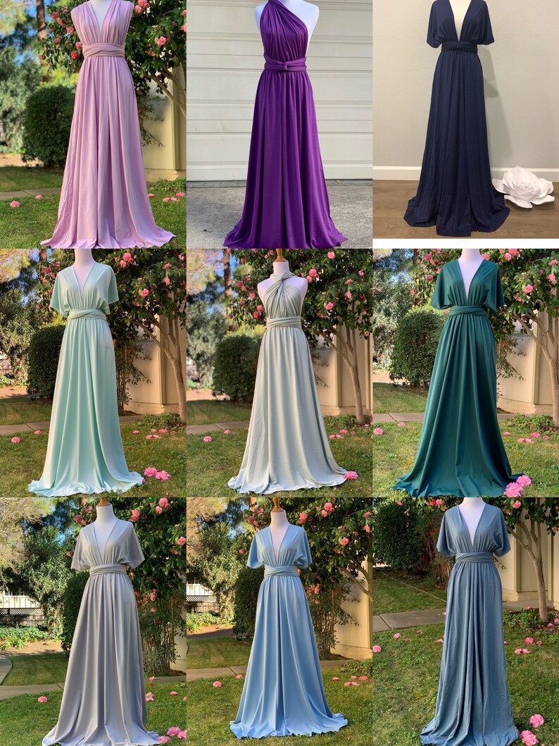 May include: Nine different colors of a convertible wrap dress. The dress is shown on a mannequin in a variety of colors, including lavender, purple, teal, green, light blue, and dark blue. The dress can be worn in multiple ways, making it a versatile option for any occasion.