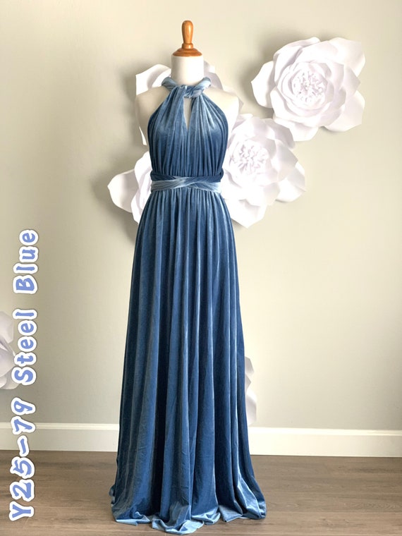 Steel Blue Velvet Dress velvet Bridesmaid Dress Velvet Long Etsy