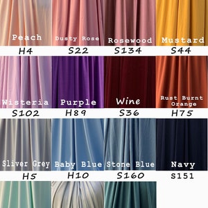 May include: A chart showing fabric swatches in various colors, including peach, dusty rose, rosewood, mustard, wisteria, purple, wine, rust burnt orange, sliver grey, baby blue, stone blue, navy, mint, sage green, and green. Each swatch has a color name and a code, such as "H4" or "S22".