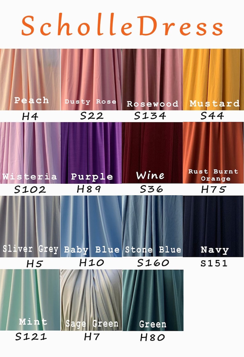 May include: A chart showing fabric swatches in various colors, including peach, dusty rose, rosewood, mustard, wisteria, purple, wine, rust burnt orange, sliver grey, baby blue, stone blue, navy, mint, sage green, and green. Each swatch has a color name and a code, such as "H4" or "S22".