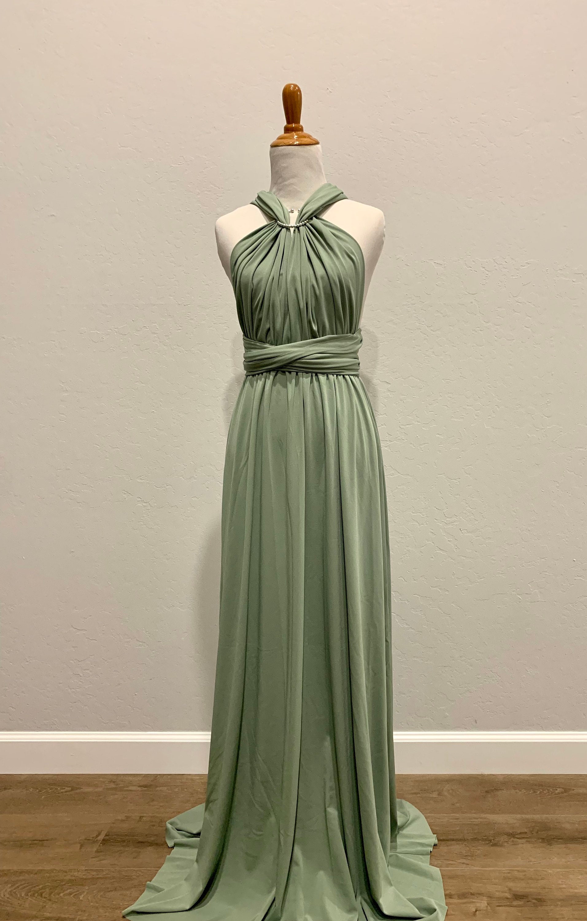 sage green infinity dress ZAPAKA Women Sage Green Bridesmaid Dress Long Ruched Satin Deep V-Neck Wedding Party Dress, Sage / US4