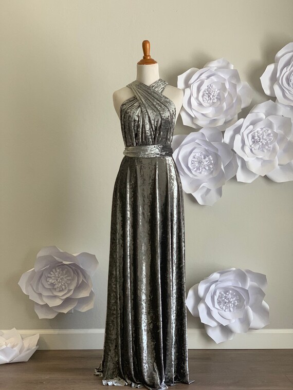 silver velvet wrap dress Velvet Wrap Dress in Silver