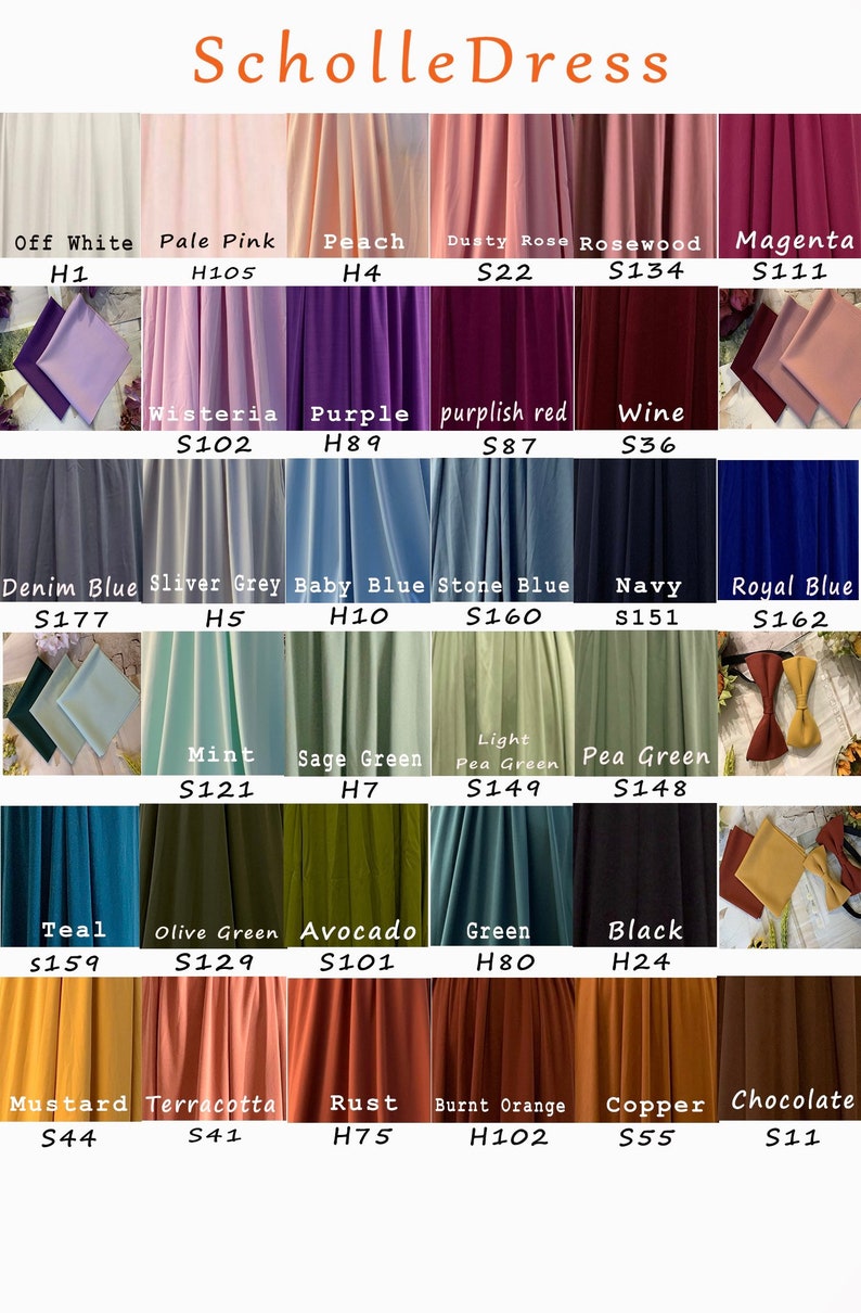 Op de afbeelding: Een kaart met stofstalen met kleurnamen en codes. De kleuren omvatten off white, lichtroze, perzik, stoffig roze, rozenhout, magenta, blauwe regen, paars, purperrood, wijn, denimblauw, zilvergrijs, babyblauw, steenblauw, marineblauw, koninklijkblauw, mint, saliegroen, lichtgroen, erwtengroen, teal, olijfgroen, avocado, groen, zwart, mosterd, terracotta, roest, gebrande sinaasappel, koper en chocolade.