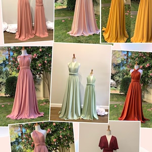 Op de afbeelding: Een collage van afbeeldingen die verschillende kleuren van een converteerbare wikkeljurk laten zien. De jurk is verkrijgbaar in verschillende kleuren, waaronder stoffig roze, blos roze, mosterdgeel, saliegroen, gebrande oranje en bordeauxrood. De jurk is gemaakt van een zachte, rekbare stof en kan op verschillende manieren worden gedragen.
