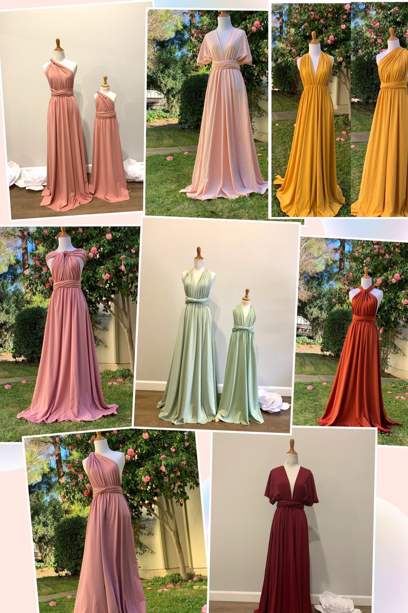 Op de afbeelding: Een collage van afbeeldingen die verschillende kleuren van een converteerbare wikkeljurk laten zien. De jurk is verkrijgbaar in verschillende kleuren, waaronder stoffig roze, blos roze, mosterdgeel, saliegroen, gebrande oranje en bordeauxrood. De jurk is gemaakt van een zachte, rekbare stof en kan op verschillende manieren worden gedragen.