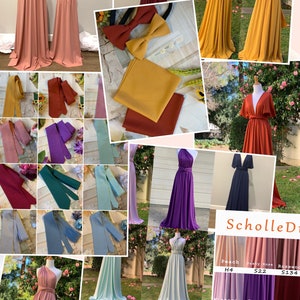 May include: A collage of images showcasing different colors of infinity dresses, with a variety of sash colors and bow ties. The text "Scholle Dresses" is visible at the bottom of the image.