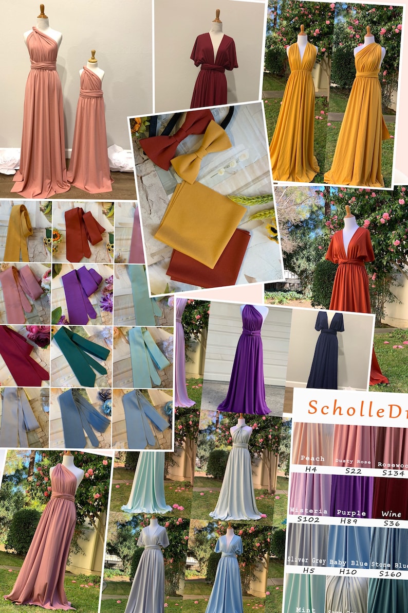 May include: A collage of images showcasing different colors of infinity dresses, with a variety of sash colors and bow ties. The text "Scholle Dresses" is visible at the bottom of the image.