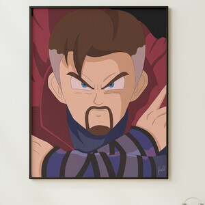 May include: A digital illustration of a man with brown hair and a beard, wearing a red and purple robe. He has a serious expression on his face and his eyes are wide open. The image is framed in black.