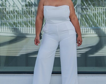 White Strapless Jumpsuit | Wide leg jumpsuit | New Years Eve Jumpsuit | Plus size Jumpsuit | Elopement Jumpsuit | Wedding outfit  | Ari J