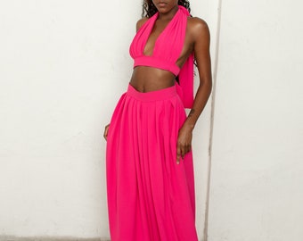 Hot Pink Wide Leg Pant Set | Pink Palazzo Pants with Top | High Waist Palazzo Pants | Bridal Separates | Pink Wide Leg Pants & Top  | Ari J