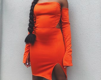 Orange Mini Dress | Strapless Cocktail Dress | Holiday Party Dress | Orange Dress | Wedding Guest Dress |  Dress with Cut Outs | AriJ