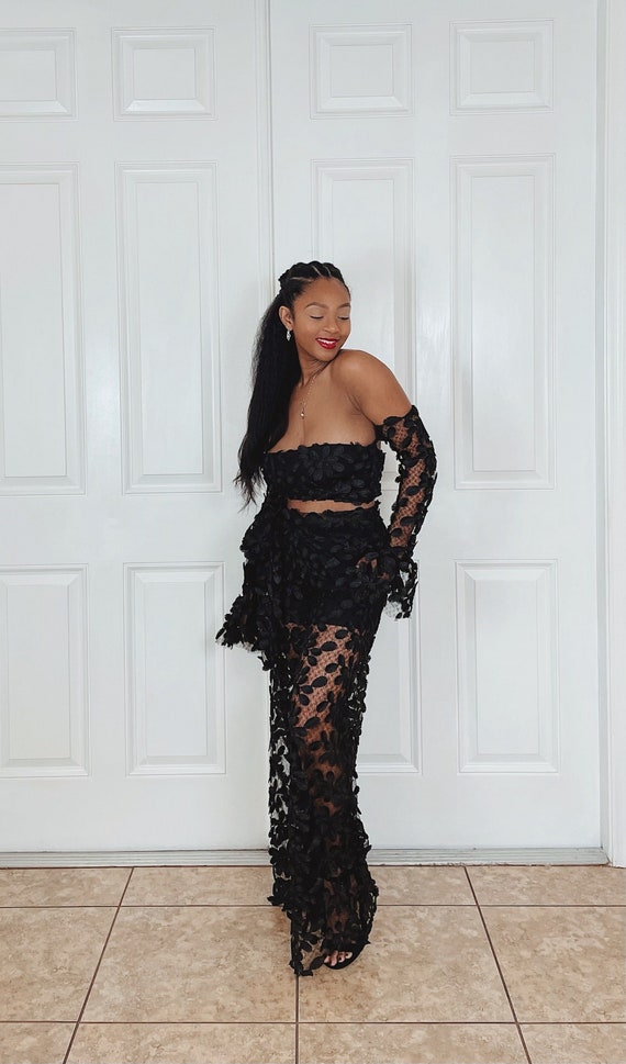 Floral Lace Pant Set | Black Two Piece Set | Strapless Crop Top  
