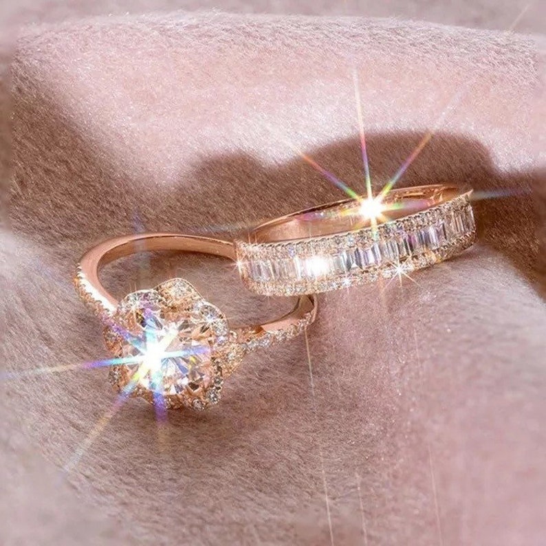 Rose Gold Ring Engagement Ring Rose Gold Diamond Ring Rose Gold Diamond Engagement Ring 2 PC Set Bridal Ring Diamond Ring Wedding Ring