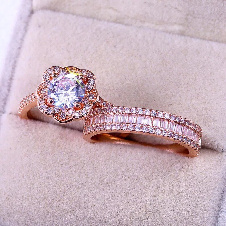 Rose Gold Ring Engagement Ring Rose Gold Diamond Ring Rose Gold Diamond Engagement Ring 2 PC Set Bridal Ring Diamond Ring Wedding Ring