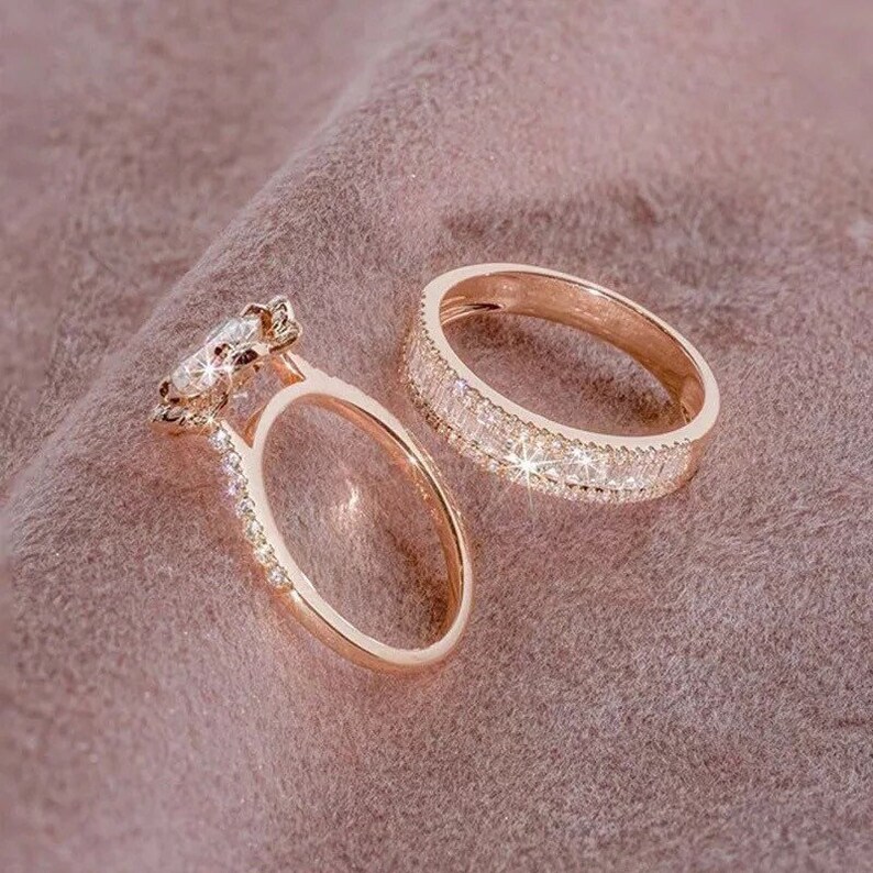 Rose Gold Ring Engagement Ring Rose Gold Diamond Ring Rose Gold Diamond Engagement Ring 2 PC Set Bridal Ring Diamond Ring Wedding Ring