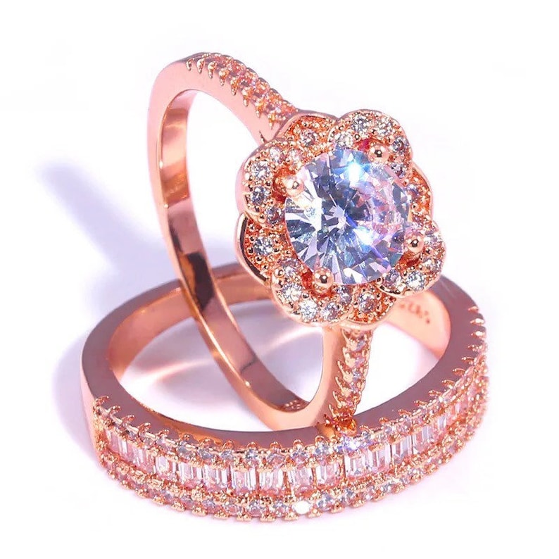Rose Gold Ring Engagement Ring Rose Gold Diamond Ring Rose Gold Diamond Engagement Ring 2 PC Set Bridal Ring Diamond Ring Wedding Ring