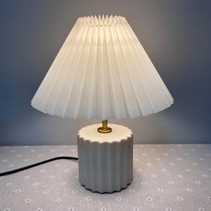 Handmade Pleated Table Lamp: Beige Ceramic Base, Striped Lampshade