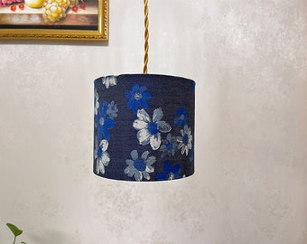 Floral Lamp Shade with Printed Denim Fabric, Retro Lamp Shades, Rustic Style Lampshade.