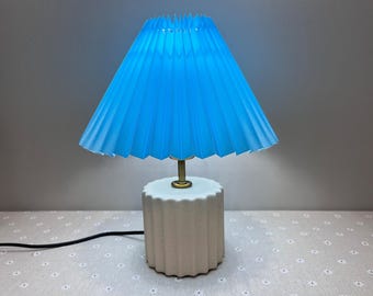 Handmade Blue Pleated Table Lamp: Beige Ceramic Base