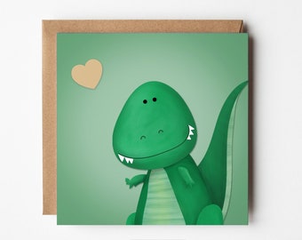 Dino Liebe Herz Grußkarte, Digital Valentine, T-rex Liebeskarte, Dinosaurier Thema, grüne Eidechse, blaue Karte, einzigartiger Valentinstag